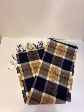 Norse Projects by Johnstons of Elgin Wool Plade Fringe Scarf Navy, Camel & Cream